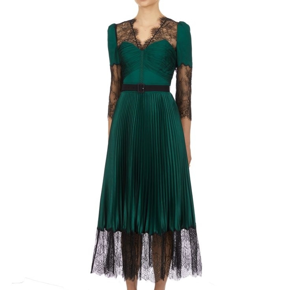 Self Portrait Elegant Green Lace Midi Dress